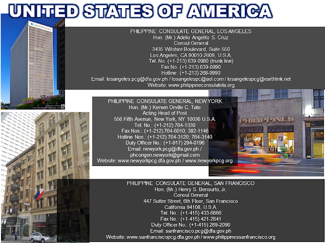 The Embassy is a piece of our country in a foreign territory where every Filipinos feel safe and secured. No matter where you are in the world, may you be an immigrant or an overseas Filipino worker (OFW) you need to know the locations of our embassies and consulates.  Information is power and here we are providing you all that you need to know the whereabouts of the Philippine embassies around the world and how to get in touch with them.  Advertisement         Sponsored Links                  EMBASSY OF THE REPUBLIC OF THE PHILIPPINES, BUENOS AIRES   Hon. (Ms.) Lolita B. Capco   Chargé d' Affaires, a.i.   Zapiola 1701, C1426AUI   Buenos Aires, Argentina   Tel. Nos.: (+54-11) 4554-4015; 4554-4856   Fax No.: (+54-11) 4554-9194   Duty Officer No.: (+549-11) 6700-2333   Consular Mobile Hotline No.: (+549-11) 6700-5111   Email: buenosaires.pe@dfa.gov.ph / pheba@fibertel.com.ar   Website: http://buenosairespe.dfa.gov.ph   Facebook: @PHinArgentina      EMBASSY OF THE REPUBLIC OF THE PHILIPPINES, CANBERRA   H.E. (Ms.) Minda Calaguian-Cruz   Ambassador Extraordinary and Plenipotentiary   1 Moonah Place, Yarralumla, Canberra, A.C.T. 2600   P.O. Box 3297, Manuka, A.C.T. 2603   Tel. Nos.: (+61-2) 6273-2535; 6273-2536   Fax No.: (+61-2) 6273-3984   Duty Officer No.: (+61) 4087-35383   Email: canberra.pe@dfa.gov.ph / canberra.pe@philembassy.org.au   Website: www.canberrape.dfa.gov.ph / www.philembassy.org.au     PHILIPPINE CONSULATE GENERAL, SYDNEY Hon. (Ms.) Melanie Rita B. Diano  Acting Head of Post  Philippine Centre, Level 1  27-33 Wentworth Avenue, Sydney NSW 2000  Tel. No.: (+61-2) 9262-7377  Fax No.: (+61-2) 9262-7355  Emergency No.: (+61) 415-426400  Email: sydney.pcg@dfa.gov.ph / communications@philippineconsulate.com.au  Website: www.sydneypcg.dfa.gov.ph / www.philippineconsulate.com.au    EMBASSY OF THE REPUBLIC OF THE PHILIPPINES, VIENNA  H.E. (Ms.) Maria Cleofe R. Natividad  Ambassador Extraordinary and Plenipotentiary  20th and 21st Floor, ARES Tower  Donau-City-Strasse 11, A-1220  Vienna, Austria  Tel. No.: (+43-1) 533-2401  Fax No.: (+43-1) 533-2401/24  Emergency No.: (+43-6991) 232-2034  Email: vienna.pe@dfa.gov.ph / vienna.pm@dfa.gov.ph / office@philippine-embassy.at  Website: www.viennape.dfa.gov.ph / www.philippine-embassy.at    EMBASSY OF THE REPUBLIC OF THE PHILIPPINES, MANAMA  H.E. (Mr.) Alfonso A. Ver  Ambassador Extraordinary and Plenipotentiary  Villa No. 939, Road No. 3220, Block 332, Bu-Asheera (Mahooz Area)  Manama, Kingdom of Bahrain  P.O. Box 26681, Manama , Kingdom of Bahrain  Tel. Nos.: (+973) 1772-1234 (4 lines)  Fax No.: (+973) 1772-0827  Duty Officer No.: (+973) 3995-3235  Email: manama.pe@dfa.gov.ph / manamape@batelco.com.bh  Website: www.manamape.dfa.gov.ph  Facebook: @PHLinBahrain    EMBASSY OF THE REPUBLIC OF THE PHILIPPINES, DHAKA  H.E. (Mr.) Vicente Vivencio T. Bandillo  Ambassador Extraordinary and Plenipotentiary  House No. 2F, NE(D), Road 73G, Gulshan 2  Dhaka, Bangladesh  Tel. Nos.: (+880) 29881-590 to 92  Fax No.: (+880) 29881-593  Hotline No.: (+880) 1915-477731  Email: dhaka.pe@dfa.gov.ph / philemb2@aknetbd.com  Website: www.dhakape.dfa.gov.ph  Facebook: @PHinBangladesh      EMBASSY OF THE REPUBLIC OF THE PHILIPPINES, BRUSSELS  Hon. (Mr.) Alan L. Deniega  Chargé d' Affaires, a.i.  297 Avenue Moliere, 1050  Brussels, Belgium  Tel Nos.: (+32-2) 34033-77 to 78  Fax No.: (+32-2) 345-6425  Duty Officer No.: (+32-4) 8860-9177  Email: brussels.pe@dfa.gov.ph; brusselspe@gmail.com  Website: www.brusselspe.dfa.gov.ph  Facebook: @PHinBelgium      EMBASSY OF THE REPUBLIC OF THE PHILIPPINES, BRASILIA     Hon. (Ms.) Marichu B. Mauro   Chargé d' Affaires, a.i.   SEN 801 - Asa Norte, Brasilia   DF CEP: 70800-910-Brazil   Tel. Nos.: (+55-61) 3224-8694; 3223-5143   Hotline No.: (+55-61) 9 9389-3042   Email: brasilia.pe@dfa.gov.ph / brasiliape@brturbo.com.br   Website: www.brasiliape.dfa.gov.ph / www.philembassybrasilia.org       EMBASSY OF THE REPUBLIC OF THE PHILIPPINES, BRUNEI   H.E. (Mr.) Meynardo LB. Montealegre   Ambassador Extraordinary and Plenipotentiary   Simpang 336, Diplomatic Enclave, Jalan Kebangsaan,   Bandar Seri Begawan, BA 2312, Brunei Darussalam   Tel. Nos.: (+673) 224-1465; 224-1466   Fax No.: (+673) 223-7707   Consular / ATN Hotline No.: (+673) 871-4881   OWWA 24-hour Hotline No.: (+673) 729-1315   POLO 24-hour Hotline No.: (+673) 729-1316   Email: brunei.pe@dfa.gov.ph / philippineembassy.brunei@gmail.com   Website: www.bruneipe.dfa.gov.ph / www.pebrunei.org     EMBASSY OF THE REPUBLIC OF THE PHILIPPINES, PHNOM PENH  H.E. (Mr.) Christopher B. Montero  Ambassador Extraordinary and Plenipotentiary  No. 182 Preah Norodom Blvd.  Sangkat Tonle Bassac, Khan Chamkarmon  Phnom Penh, Kingdom of Cambodia  P.O. Box 2018  Tel. Nos.: (+855-23) 222-303; 222-304  Fax No.: (+855-23) 215-143  Emergency No.: (+855) 98-888-771 | (+855) 98-888-529  Email: phnompenh.pe@dfa.gov.ph | phnompenhpe@ezecom.com.kh  Website: www.phnompenhpe.dfa.gov.ph  Facebook: @PHLinCambodia    EMBASSY OF THE REPUBLIC OF THE PHILIPINES, OTTAWA  H.E. (Ms.) Petronila P. Garcia   Ambassador Extraordinary and Plenipotentiary   30 Murray Street   Ottawa, Ontario, K1N 5M4, Canada   Tel. No.: (+1-613) 233-1121   Fax No.: (+1-613) 233-4165   Duty Officer No.: (+1-613) 614-2846   Email: ottawa.pe@dfa.gov.ph / embassyofphilippines@rogers.com  Website: www.ottawape.dfa.gov.ph  Facebook: @PHinCanada       EMBASSY OF THE REPUBLIC OF THE PHILIPPINES, SANTIAGO  Hon. (Mr.) Marcos A.S. Punsalang   Chargé d' Affaires, a.i.   Felix de Amesti No. 367   Las Condes, Santiago, Chile   Tel. Nos.: (+562) 2208-1313; 2208-1939   Emergency No.: (+569) 9427-20320   Hotline No.: (+562) 2228-1670   Email: santiago.pe@dfa.gov.ph / embassyfilipinas@gmail.com   Website: www.santiagope.dfa.gov.ph    Facebook: @PHinChile     EMBASSY OF THE REPUBLIC OF THE PHILIPPINES, BEIJING  H.E. (Mr.) Jose Santiago L. Sta. Romana   Ambassador Extraordinary and Plenipotentiary   23 Xiu Shui Bei Jie, Jianguomenwai, Beijing, 100600   People’s Republic of China   Tel. Nos.: (+86-10) 6532-2518; 6532-2451; 6532-1872   Fax Nos.: (+86-10) 6532-3761; 6532-1921 (Consular Section)   Hotline Nos.: (+86) 1391-1180-495 (ATN); (+86) 1381-1120-334 (Duty Officer)   Email: beijing.pe@dfa.gov.ph | philippineembassy@yahoo.com   Website: www.beijingpe.dfa.gov.ph    PHILIPPINE CONSULATE GENERAL, CHONGQING  Hon. (Ms.) Olivia V. Palala   Consul General   Unit 2903-2905, 29th Floor, Metropolitan Oriental Plaza   68 Zourong Road, Yuzhong District, Chongqing 400010   People's Republic of China   Tel. Nos.: (+86-23) 6381-0832; 6380-9532   Telefax No.: (+86-23) 6372-9809   Hotline Nos.: (+86) 1361-7678-321; (+86) 1582-3972-513 (ATN)   (+86) 1580-8057-032 (Duty Officer)   Email: chongqing.pcg@dfa.gov.ph / chongqingpcg@gmail.com     Website: www.chongqingpcg.dfa.gov.ph      PHILIPPINE CONSULATE GENERAL, GUANGZHOU  Hon. (Mr.) Ajeet-Victor S. Panemanglor   Acting Head of Post   Room Nos. 706-712, Guangdong International Bldg.   339 Huanshi Dong Lu, Guangzhou, Guangdong, 510098   People’s Republic of China   Tel. Nos.: (+86-20) 8331-1461; 8331-0996   Fax No.: (+86-20) 8333-0573   Hotline Nos.: (+86) 1392-4099-636 (Duty Officer); (+86) 1357-0008-063 (ATN)   Email: guangzhou.pcg@dfa.gov.ph / philcongenguangzhou@yahoo.com   Website: www.guangzhoupcg.dfa.gov.ph    PHILIPPINE CONSULATE GENERAL, XIAMEN  Hon. (Mr.) Julius Caesar A. Flores   Consul General   No. 2 and 3, Lingxiang Li, Lianhua Xin Cun   Siming District, Xiamen City 361009   People's Republic of China   Tel. Nos.: (+86-592) 513-0366; 513-0355   Fax No.: (+86-592) 553-0803   ATN Hotline No.: (+86) 1390-6036-614   Duty Officer No.: (+86) 1890-5921-595   Email: xiamen.pcg@dfa.gov.ph / xiamenpc@yahoo.com   Website: xiamenpcg.dfa.gov.ph    PHILIPPINE CONSULATE GENERAL, MACAU  Hon. (Ms.) Lilybeth R. Deapera   Consul General   Units 1404-1406, 14/F AIA Tower   Avenida Comercial de Macau   Macau SAR   Tel. No.: (+853) 2875-7111   Fax No.: (+853) 2875-7227   Hotline Nos.:(+853) 6698-1900 (ATN); 6687-2509 (POLO & OWWA)   Email: macau.pcg@dfa.gov.ph / pcgmacao@gmail.com   Website: www.macaupcg.dfa.gov.ph  Facebook: @PHinMacau    PHILIPPINE CONSULATE GENERAL, SHANGHAI  Hon. (Mr.) Wilfredo R. Cuyugan   Consul General   Suite 301 Metrobank Plaza,   1160 West Yan’An Road, Changning District, Shanghai 200052   People’s Republic of China   Tel. No.: (+86-21) 6281-8020   Fax No.: (+86-21) 6281-8023   Hotline No.: (+86) 1391 747-7112   Email: shanghai.pcg@dfa.gov.ph / shanghaipcg@hotmail.com   Website: www.shanghaipcg.dfa.gov.ph    PHILIPPINE CONSULATE GENERAL, HONG KONG  Hon. (Mr.) Antonio A. Morales   Consul General   14th Floor, United Centre, 95 Queensway, Admiralty   Hong Kong SAR   Tel. No.: (+852) 2823-8501   Fax Nos.: (+852) 2866-9885; 2866-8559   Hotline Nos.: (+852) 915-54023 (Consular); (+852) 552-91880 (Labor)   (+852) 634-59324 (OWWA)   Email: hongkong.pcg@dfa.gov.ph / hongkongphilcongen@gmail.com   Website: www.hongkongpcg.dfa.gov.ph Facebook: @PHLinHK     EMBASSY OF THE REPUBLIC OF THE PHILIPPINES, PRAGUE  Hon. (Mr.) Juan E. Dayang, Jr.  Chargé d' Affaires, a.i.  Senovazne Namesti 8, Prague 1, 110 00,  Czech Republic  Tel. Nos.: (+420) 224-216397; 224-216400; 224-216385  Fax No.: (+420) 224-216390  Duty Officer No.: (+420) 607-850-764  Email: prague.pe@dfa.gov.ph / praguepe@gmail.com   Website: www.praguepe.dfa.gov.ph  Facebook: @PHinCzechRepublic     EMBASSY OF THE REPUBLIC OF THE PHILIPPINES, CAIRO  H.E. (Mr.) Leslie J. Baja  Ambassador Extraordinary and Plenipotentiary  Road 200, Villa 28 Degla, Maadi, Cairo  Arab Republic of Egypt  Tel. Nos.: (+20-2) 2521-3045; 2521-3062; 2521-3064; 2521-3065  Fax No.: (+20-2) 2521- 3048  ATN No.: (+20-122) 743-6472  Duty Phone No.: (+20-128) 895-1110  Email: cairo.pe@dfa.gov.ph / info@philembassycairo.org  Website: www.cairope.dfa.gov.ph  Facebook: @PHinEgypt      EMBASSY OF THE REPUBLIC OF THE PHILIPPINES, PARIS  H.E. (Ms.) Ma. Theresa P. Lazaro  Ambassador Extraordinary and Plenipotentiary  4 Hameau de Boulainvilliers, 45 rue du Ranelagh  75016 Paris, France  Tel Nos.: (+33-1) 4414-5700; 4414-5701/12 (Consular)  Fax No.: (+33-1) 464-75600  Emergency No.: (+33-6) 205-92515  Email: paris.pe@dfa.gov.ph | parispe.dfa@gmail.com  Website: www.parispe.dfa.gov.ph  Facebook: @PHinFrance      EMBASSY OF THE REPUBLIC OF THE PHILIPPINES, BERLIN  Hon. (Ms.) Lillibeth V. Pono  Chargé d' Affaires, a.i.  2nd Floor, Haus Cumberland  Kurfürstendamm 194, 10707 Berlin  Federal Republic of Germany  Tel. No.: (+49-30) 864-950022  Fax No.: (+49-30) 873-2551  Duty Officer No.: (+49) 173-521-5703  Email: berlin.pe@dfa.gov.ph / info@philippine-embassy.de  Website: www.berlinpe.dfa.gov.ph / www.philippine-embassy.de  Facebook: @PHinGermany      EMBASSY OF THE REPUBLIC OF THE PHILIPPINES, ATHENS  Hon. (Ms.) Rosario P. Lemque  Chargé d' Affaires, a.i.  26 Antheon Street, Paleo Psychico 154-52  Athens, Greece  Tel. Nos. (+30-210) 672-1883; 672-1837  Fax No. (+30-210) 672-1872  Duty Officer No. (+30) 697-4319-539  Email: athens.pe@dfa.gov.ph / phembathens@gmail.com  Website: www.athenspe.dfa.gov.ph  Facebook: @PHLinGreece      EMBASSY OF THE REPUBLIC OF THE PHILIPPINES, BUDAPEST  H.E. (Ms.) Maria Fe T. Pangilinan  Ambassador Extraordinary and Plenipotentiary  1026 Budapest, Gabor Aron utca 58  Hungary  Tel. No.: (+36-1) 391-4300  Fax No.: (+36-1) 200-5528  Duty Officer No.: (+36) 30-202-1760  Email: budapest.pe@dfa.gov.ph / phbuda@philembassy.hu  Website: www.budapestpe.dfa.gov.ph  Facebook: @PHLinHungary      EMBASSY OF THE REPUBLIC OF THE PHILIPPINES, NEW DELHI  H.E. (Ms.) Ma. Teresita C. Daza  Ambassador Extraordinary and Plenipotentiary  50-N, Nyaya Marg, Chanakyapuri,  New Delhi 110021, India  Tel. Nos.: (+91-11) 2688-9091; 2410-1120  Fax No.: (+91-11) 2687-6401  Duty Officer No.: (+91) 99-1079-7014  Email: newdelhi.pe@dfa.gov.ph / philippineembassynewdelhi@gmail.com  Website: www.newdelhipe.dfa.gov.ph       EMBASSY OF THE REPUBLIC OF THE PHILIPPINES, JAKARTA  Hon. (Ms.) Shirlene C. Mananquil  Chargé d' Affaires, a.i  Jl. Imam Bonjol No. 8 Menteng, Jakarta Pusat 10310  Indonesia  Tel. No.: (+62-21) 310-0334  Fax No.: (+62-21) 315-1167  Emergency No.: (+62) 878-8537-3275  Email : jakarta.pe@dfa.gov.ph / jakartape@gmail.com  Website: www.jakartape.dfa.gov.ph / www.philembjkt.com  Facebook: @PHLinIndonesia    PHILIPPINE CONSULATE GENERAL, MANADO  Hon. (Mr.) Oscar G. Orcine  Consul General  Jalan 17 Augustus No. 30A, TanjungBatu, Manado  North Sulawesi, Indonesia 95119  Tel Nos.: (+62-431) 861-178; 856-379  Fax No.: (+62-431) 862-365  Hotline Nos.: (+62) 811-431-130 (ATN); (+62) 811-432-1132 (Duty Officer)  Email : manado.pcg@dfa.gov.ph / fsp.manadopcg@gmail.com  Website: www.manadopcg.dfa.gov.ph      EMBASSY OF THE REPUBLIC OF THE PHILIPPINES, TOKYO  H.E. (Mr.) Jose C. Laurel  Ambassador Extraordinary and Plenipotentiary  5-15-5, Roppongi Minato-ku  Tokyo 106-8537, Japan  Tel. Nos.: (+81-3) 5562-1600 / 1601 / 1602 / 1604 / 1605  Fax No.: (+81-3) 5562-1603  Emergency No.: (+8180) 4928-7979 (ATN)  Email: tokyo.pe@dfa.gov.ph / phjp@gol.com  Website: www.tokyope.dfa.gov.ph / www.tokyo.philembassy.net  Facebook:@PHLinJapan    PHILIPPINE CONSULATE GENERAL, OSAKA  Hon. (Ms.) Maria Aileen H. Bugarin  Consul General  24/F Twin 21 MID Tower, 2-1-61 Shiromi, Chuo-ku  Osaka, Japan  Tel. No.: (+81-6) 6910-7999  Fax No.: (+81-6) 6910-8750  Emergency No.: (+81-90) 4036-7984  Email: osaka.pcg@dfa.gov.ph; queries.osakapcg@gmail.com  Website: www.osakapcg.dfa.gov.ph      EMBASSY OF THE REPUBLIC OF THE PHILIPPINES, AMMAN  H.E. (Ms.) Junever M. Mahilum-West  Ambassador Extraordinary and Plenipotentiary  Villa No. 1 and No. 12 Al Halab Street corner  Al Suleiman Al Bilbeesi Street, Abdoun  Amman, Jordan  Tel Nos.: (+962-6) 592-3748; 592-9402; 592-9403  Fax No.: (+962-6) 5923-744  ATN Nos.: (+962) 7790-77775; 7790-77776; 7790-77778  Mobile Hotline No.: (+962) 7779-88818  Email: amman.pe@dfa.gov.ph / ammanpe@orange.jo / pe.amman@gmail.com  Website: www.ammanpe.dfa.gov.ph / www.philembassy-amman.net  Facebook: @ammanpe      EMBASSY OF THE REPUBLIC OF THE PHILIPPINES, NAIROBI  H.E. (Mr.) Uriel Norman R. Garibay  Ambassador Extraordinary and Plenipotentiary  P.O. Box 47941-00100, State House Road  Nairobi, Kenya  Duty Office No.: (+254) 736-310-049  Email: nairobi.pe@dfa.gov.ph / pe.nairobi@gmail.com  Website: www.nairobipe.dfa.gov.ph  Facebook:@PHLinKenya      EMBASSY OF THE REPUBLIC OF THE PHILIPPINES, SEOUL  H.E. (Mr.) Raul S. Hernandez  Ambassador Extraordinary and Plenipotentiary  80 Hoenamu-ro, Yongsan-Gu, Seoul  Republic of Korea 04346  Tel. Nos.: (+82-2) 796-7387 to 89  Fax No.: (+82-2) 796-0827  Hotline Nos.: (+82-10) 9365-2312 (Emergency); (+82-10) 9263-8119 (ATN)  (+82-10) 9385-0535 (Passport)  Email: seoul.pe@dfa.gov.ph / seoulpe@philembassy-seoul.com  Website: www.seoulpe.dfa.gov.ph / www.philembassy-seoul.com  Facebook: @PHinKorea        EMBASSY OF THE REPUBLIC OF THE PHILIPPINES, KUWAIT  H.E. (Mr.) Renato Pedro O. Villa  Ambassador Extraordinary and Plenipotentiary  Block 1, Street 101, Villa 817, corner Abdullah Abdul Azis Al Humaidi Street,  Al Siddeeq Area, South Surra  State of Kuwait  Tel. Nos.: (+965) 2252-8422; 2251-1806; 2251-1807  Fax No.: (+965) 2251-1805  Hotline Nos.: (+965) 6518-4433; 6990-2188 (Consular)  (+965) 9800-5115; 6500-2612; 6990-2264 (ATN)  Email: kuwait.pe@dfa.gov.ph / kuwaitpe@philembassykuwait.gov.kw / kuwaitpe@gmail.com  Website: www.kuwaitpe.dfa.gov.ph / www.philembassykuwait.gov.kw  Facebook: @PEinKuwait      EMBASSY OF THE REPUBLIC OF THE PHILIPPINES, VIENTIANE  H.E. (Ms.) Belinda M. Ante  Ambassador Extraordinary and Plenipotentiary  Phontan Rd., 071 Saphantong Neua  Sisattanak District, Vientiane  Lao People’s Democratic Republic  P.O. Box 2415  Tel Nos.: (+856-21) 452-490; 452-491  Fax No. (+856-21) 452-493  Duty Phone: (+856-20) 555-35878  Email: vientiane.pe@dfa.gov.ph / pelaopdr@laotel.com  Website: www.vientianepe.dfa.gov.ph       EMBASSY OF THE REPUBLIC OF THE PHILIPPINES, BEIRUT  H.E. (Ms.) Bernardita L. Catalla  Ambassador Extraordinary and Plenipotentiary  W Building, Rue Mar Geries, Hadath, Baabda  Mount Lebanon, Lebanon  Tel. No.: (+961-5) 953-522  Fax No.: (+961-5) 953-521  Hotline No.: (+961-3) 859-430  Email: beirut.pe@dfa.gov.ph  Website: www.beirutpe.dfa.gov.ph  Facebook: @PHLinLebanon      EMBASSY OF THE REPUBLIC OF THE PHILIPPINES, TRIPOLI  Hon. (Mr.) Mardomel Celo D. Melicor  Chargé d' Affaires, e.p.  Km. 7 Gargaresh Road, Abu Nawas  Tripoli, Libya  P.O. Box 12508, Tripoli, Libya  Hotline No.: (+218) 91 824-4208  POLO Hotline No.: (+218) 92 48-5473  Email: tripoli.pe@dfa.gov.ph / owwatripoli2016@gmail.com(POLO)  Website: www.tripolipe.dfa.gov.ph  Facebook: @PHinLibya      MBASSY OF THE REPUBLIC OF THE PHILIPPINES, KUALA LUMPUR  H.E. (Mr.) Charles C. Jose  Ambassador Extraordinary and Plenipotentiary  No. 1 Changkat Kia Peng  50450 Kuala Lumpur, Malaysia  Tel. Nos. (+60-3) 2148-4233; 2148-4654; 2148-4682; 2148-6528; 2148-6538  Fax No.: (+60-3) 2148-3576  Duty Officer No.: (+6017) 347-5487  Email: kualalumpur.pe@dfa.gov.ph / webmaster@philembassykl.org.my  Website: www.kualalumpurpe.dfa.gov.ph / www.philembassykl.org.my  Facebook: @PHinMalaysia      EMBASSY OF THE REPUBLIC OF THE PHILIPPINES, MEXICO  H.E. (Mr.) Eduardo Jose A. De Vega  Ambassador Extraordinary and Plenipotentiary  Thiers 111 (corner Couvier 55),  Colonia Anzures, Delegacion Miguel Hidalgo  C.P. 11590, Mexico City Mexico  Tel. Nos.: (+52-55) 5131-8225; 5255-1438; 5545-9716; 5545-0127  Fax No.: (+52-55) 5131-8268  Duty Officer No.: (+52-155) 2771-3776  Email : mexico.pe@dfa.gov.ph / ambamexi@gmail.com / mexicope.com@gmail.com  Website: www.mexicope.dfa.gov.ph  Facebook: @PHinMexico    EMBASSY OF THE REPUBLIC OF THE PHILIPPINES, YANGON  H.E. (Mr.) Eduardo E. Kapunan, Jr.  Ambassador Extraordinary and Plenipotentiary  No. 7 Gandamar Street, Yankin Township  Yangon, Republic of the Union of Myanmar  Tel. Nos.: (+95-1) 558-150 to 153  Fax No.: (+95-1) 558-154  Duty Officer No.: (+95-9) 2507-65938  Email: yangon.pe@dfa.gov.ph / p.e.yangon@gmail.com  Website: www.yangonpe.dfa.gov.ph  Facebook: @PHinMyanmar    EMBASSY OF THE REPUBLIC OF THE PHILIPPINES, THE HAGUE  H.E. (Mr.) Jaime Victor B. Ledda  Ambassador Extraordinary and Plenipotentiary  Laan Copes Van Cattenburch 125  2585 EZ, The Hague, Netherlands  Tel. No.: (+31) 70360-4820  Fax No.: (+31) 70356-0030  Emergency No.: (+31)(0) 65261-1079  Email: thehague.pe@dfa.gov.ph / thehague@philembassy.nl  Website: thehaguepe.dfa.gov.ph  Facebook: @PHinTheNetherlands    EMBASSY OF THE REPUBLIC OF THE PHILIPPINES, WELLINGTON  H.E. (Mr.) Jesus S. Domingo  Ambassador Extraordinary and Plenipotentiary  50 Hobson Street, Thorndon, 6011 P.O. Box 120-42, Wellington 6144, New Zealand  Tel. Nos.: (+64-4) 890-3741; 890-3742; 890-3744  Fax No.: (+64-4) 890-3740 Hotline No.: (+64) 220-746-517  Email: wellington.pe@dfa.gov.ph / embassy@wellington-pe.co.nz  Website: wellingtonpe.dfa.gov.ph / www.philembassy.org.nz  Facebook: @PHLinNZ    EMBASSY OF THE REPUBLIC OF THE PHILIPPINES, ABUJA  H.E. (Ms.) Shirley Ho-Vicario  Ambassador Extraordinary and Plenipotentiary  No. 453-B, A Close, 14 Street, Off 2nd Avenue  Gwarinpa 900108, Abuja FCT  Federal Republic of Nigeria  Consular No.: (+234) 81025-41252  ATN No.:  (+234) 90532-44916  Email: abuja.pe@dfa.gov.ph / Philemb_abuja@yahoo.co.uk  Website: www.abujape.dfa.gov.ph  Facebook: @PHLinNigeria      EMBASSY OF THE REPUBLIC OF THE PHILIPPINES, OSLO  H.E. (Ms.) Jocelyn S. Batoon-Garcia  Ambassador Extraordinary and Plenipotentiary  4th Floor, Nedre Vollgate 4, 0158  Oslo, Norway  Tel. No.: (+47) 224-00900  Duty Officer No.: (+47) 9500-1072  Email : oslo.pe@dfa.gov.ph / ambassador@philembassy.no  Website: www.oslope.dfa.gov.ph / www.philembassy.no    EMBASSY OF THE REPUBLIC OF THE PHILIPPINES, MUSCAT  H.E. (Mr.) Narciso T. Castañeda  Ambassador Extraordinary and Plenipotentiary  Bldg. No. 1041/1043, Way No. 3015, Al Kharijiya St., Shatti Al Qurum  Muscat, Sultanate of Oman  P.O. Box No. 420 Madinat Qaboos PC 115  Muscat, Sultanate of Oman  Tel. Nos.: (+968) 2460-5140; 2460-5143; 2460-5335  Fax No.: (+968) 2460-5176  Hotline Nos.: (+968) 9988-5073 (ATN); (+968) 9988-7935 (Duty Officer)  Email: muscat.pe@dfa.gov.ph / muscatpe@omantel.net.om  Website: www.muscatpe.dfa.gov.ph  Facebook: @PHLinOman    EMBASSY OF THE REPUBLIC OF THE PHILIPPINES, ISLAMABAD  H.E. (Mr.) Daniel R. Espiritu  Ambassador Extraordinary and Plenipotentiary  Zhou-Enlai Avenue, Plot Nos. 3 to 5  Diplomatic Enclave, G-5  Islamabad, Pakistan  Tel. No.: (+92-51) 8487-511  Fax No.: (+92-51) 8487-513  Email: islamabad.pe@dfa.gov.ph / isdpe.comsats@comsats.com.pk  Website: www.islamabadpe.dfa.gov.ph /www.isdpe.com.pk  Facebook: @PHinPakistan    EMBASSY OF THE REPUBLIC OF THE PHILIPPINES, PORT MORESBY  H.E. (Mr.) Bienvenido V. Tejano  Ambassador Extraordinary and Plenipotentiary  Lot 1, Section 440, Islander Village, Hohola, NCD  Papua New Guinea  P.O. Box 5916, Boroko, NCD, PNG  Tel. Nos.: (+675) 325-6414; 325-6577  Fax No.: (+675) 323-1803  Email: portmoresby.pe@dfa.gov.ph / pompe@datec.net.pg  Website: www.portmoresbype.dfa.gov.ph     EMBASSY OF THE REPUBLIC OF THE PHILIPPINES, WARSAW  H.E. (Ms.) Patricia Ann V. Paez  Ambassador Extraordinary and Plenipotentiary  Ul. Lentza 11, 02-956 Warsaw, Poland  Tel. No.: (+48-22) 490-2025  Fax No.: (+48-22) 651-5949  Duty Officer No.: (+48) 694-736-488  Email: warsaw.pe@dfa.gov.ph / pe.warsaw@gmail.com  Website: www.warsawpe.dfa.gov.ph    EMBASSY OF THE REPUBLIC OF THE PHILIPPINES, LISBON  H.E. (Ms.) Celia Anna M. Feria  Ambassador Extraordinary and Plenipotentiary  Rua Barata Salgueiro 30–3 andar  1250-044 Lisbon, Portugal  Tel Nos.: (+351) 216-083-274; 216-083-276; 216-083-277  Fax No.: (+351) 216-083-251  Duty Officer No.: (+351) 925-410-257  Hotline No.: (+351) 965-062-839 (ATN)  E-mail: lisbon.pe@dfa.gov.ph / lisbon.pe@gmail.com  Website:  www.lisbonpe.dfa.gov.ph    EMBASSY OF THE REPUBLIC OF THE PHILIPPINES, DOHA  H.E. (Mr.) Alan L. Timbayan  Ambassador Extraordinary and Plenipotentiary  St. No. 860, Zone 68, Jelaiah Area  Doha, State of Qatar  P.O. Box No. 24900  Tel. No.: (+974) 4483-1585  Fax No.: (+974) 4483-1595  ATN Nos.: (+974) 4483-2560; 6644-6303  Email: doha.pe@dfa.gov.ph / dohape@yahoo.com  Website: www.dohape.dfa.gov.ph     EMBASSY OF THE REPUBLIC OF THE PHILIPPINES, MOSCOW  H.E. (Mr.) Carlos D. Sorreta  Ambassador Extraordinary and Plenipotentiary  Karmanitskiy Pereulok 6/8, 121099  Moscow, Russian Federation  Tel. Nos.: (+7-499) 241-0563; 241-0564; 241-0565  Fax No.: (+7-499) 241-2630  Hotline No.: (+7-906) 7382-538  Email: moscow.pe@dfa.gov.ph / moscowpe@mailfrom.ru  Website: www.moscowpe.dfa.gov.ph  Facebook: Philembassy Moscow    EMBASSY OF THE REPUBLIC OF THE PHILIPPINES, RIYADH  H.E. (Mr.) Adnan V. Alonto  Ambassador Extraordinary and Plenipotentiary  C3 Radaif Street, Diplomatic Quarter  Riyadh, Kingdom of Saudi Arabia  P.O. Box 94366, Riyadh 11693  Tel. Nos.: (+966-11) 488-3615; 482-0507; 482-1802  Fax No.: (+966-11) 488-3945  Hotline Nos.: (+966) 5516-99548 (POLO); (+966) 5012-69742 (POLO ERO)  (+966) 5698-93301 (ATN); (+966-11) 4823-559 (Duty Officer)  Email: riyadh.pe@dfa.gov.ph / rype@riyadhpe.com / riyadhpe@philembassy-riyadh.org  Website: www.riyadhpe.dfa.gov.ph    PHILIPPINE CONSULATE GENERAL, JEDDAH  Hon. (Mr.) Edgar B. Badajos  Consul General  Bldg. 4663, Fajer St., Al Rehab District 6  Jeddah, Kingdom of Saudi Arabia  P.O. Box 4794 Jeddah 21412  Tel. Nos.: (+966-12) 667-0925; 669-6303  Fax No. (+966-12) 669-6797  Hotline Nos.: (+966-55) 521-9614 (Consular)  (+966-55) 5219-613 (ATN; (+966-53) 4240-362 (ATN)  Email: jeddah.pcg@dfa.gov.ph  Website: www.jeddahpcg.dfa.gov.ph     EMBASSY OF THE REPUBLIC OF THE PHILIPPINES, SINGAPORE  H.E. (Mr.) Joseph Del Mar Yap  Ambassador Extraordinary and Plenipotentiary  20 Nassim Road, Singapore 258395  Tel. No.: (+65) 6737-3977  Fax No.: (+65) 6733-9544  ATN No.: (+65) 6834-2938  Email: singapore.pe@dfa.gov.ph / php@philembassysg.org  Website: www.singaporepe.dfa.gov.ph / www.philippine-embassy.org.sg    EMBASSY OF THE REPUBLIC OF THE PHILIPPINES, PRETORIA  H.E. (Mr.) Joseph Gerard B. Angeles  Ambassador Extraordinary and Plenipotentiary  54 Nicolson St., Muckleneuk 0181, Pretoria, South Africa  P.O. Box 2562, Brooklyn Square 0075, Pretoria, South Africa  Tel. Nos.: (+27-12) 346-0451; 346-0452; 346-2468  Fax No.: (+27-12) 346-0454; 346-3582  Emergency Nos. (+27) 825-569-935 (ATN); (+27) 724-379-517 (Duty Officer)  Email: pretoria.pe@dfa.gov.ph / pretoriape@mweb.co.za  Website: www.pretoriape.dfa.gov.ph     EMBASSY OF THE REPUBLIC OF THE PHILIPPINES, MADRID  H.E. (Mr.) Philippe J. Lhuillier  Ambassador Extraordinary and Plenipotentiary  Calle Eresma 2, 28002 Madrid, Spain (Chancery)  Calle Guadalquivir 6, 28002 Madrid, Spain (Consular Section)  Tel. No.:(+34) 9178-23830  Fax No.: (+34) 9141-16606  Duty Phone No.: (+34) 6164-91861  Email: madrid.pe@dfa.gov.ph / madridpe@yahoo.com  Consular: info@philembassymadrid.com / consular@philembassymadrid.com  Website: www.madripe.dfa.gov.ph / www.philembassymadrid.com    EMBASSY OF THE REPUBLIC OF THE PHILIPPINES, BERNE  H.E. (Mr.) Denis Y. Lepatan  Ambassador Extraordinary and Plenipotentiary  Kirchenfeldstrasse 73-75  3005 Berne, Switzerland  Tel. No.: (+41-31) 350-1717  Fax No.: (+41-31) 352-2602  Duty Officer No.: (+41-79) 542-1992  Email: berne.pe@dfa.gov.ph / info@philembassyberne.ch  Website: www.bernepe.dfa.gov.ph    EMBASSY OF THE REPUBLIC OF THE PHILIPPINES, DAMASCUS  Hon. (Mr.) Crescente R. Relacion  Chargé d' Affaires, e.p.  Hamzeh lbn Abdul Mutaleb St., Building No. 56  West Mezzeh Area, Damascus  Syrian Arab Republic  Tel No.: (+963-11) 613-2626  Fax No.: (963-11) 611-0152  Hotline No.: (+963) 99253-5775  Email: damascus.pe@dfa.gov.ph / pe.damascus@gmail.com  Website: www.damascuspe.dfa.gov.ph    EMBASSY OF THE REPUBLIC OF THE PHILIPPINES, DILI  H.E. (Mr.) Abdulmaid K. Muin  Ambassador Extraordinary and Plenipotentiary  Rua Governor Serpa Rosa, Bairro, Farol  Dili, Timor-Leste  P.O. Box 178  Tel. Nos.: (+670) 331-0407; 331-0408  ATN Hotline No.: (+670) 7792-8092  Email: dili.pe@dfa.gov.ph / phl.in.dili@gmail,com  Website: www.dilipe.dfa.gov.ph    EMBASSY OF THE REPUBLIC OF THE PHILIPPINES, BANGKOK  H.E. (Ms.) Mary Jo A. Bernardo-Aragon  Ambassador Extraordinary and Plenipotentiary  760 Sukhumvit Road corner Soi Philippines (Soi 30/1)  Bangkok 10110, Kingdom of Thailand  Tel. Nos.: (+662) 259-0139 to 40; 258-5401  Fax Nos.: (+662) 259-2809; 259-7373  Hotline No.: (+668) 992-65954  Email: bangkok.pe@dfa.gov.ph / bangkokpe@gmail.com  Website: www.bangkokpe.dfa.gov.ph  Facebook: facebook.com/bkkpe    EMBASSY OF THE PHILIPPINES, ANKARA  H.E. (Ms.) Maria Rowena Mendoza Sanchez  Ambassador Extraordinary and Plenipotentiary  Kazim Ozalp Mahallesi, Kumkapi Sokak, No: 36, Gazi Osman Pasa (GOP), 06700  Ankara, Turkey  Tel. Nos.: (+90-312) 442-3824; 442-3827  Fax No.: (+90-312) 442-3856  Hotline No.: (+90) 537- 577-2344  Email: ankara.pe@dfa.gov.ph / ankarape@gmail.com  Website: www.ankarape.dfa.gov.ph  Facebook: Filipinler Buyukelciligi  www.facebook.com/filipinler.buyukelcilig?fret=ts    EMBASSY OF THE REPUBLIC OF THE PHILIPPINES, ABU DHABI  H.E. (Mr.) Constancio R. Vingno, Jr.  Ambassador Extraordinary and Plenipotentiary  Villa 1, W-48, Street #8, Sector 2-23, Plot 51  P.O. Box 3125, Al Qubaisat, Abu Dhabi  United Arab Emirates  Tel. No.: (+971) 2-639-0006  Fax No.: (+971) 2-639-0002  ATN Nos: (+971) 50-207-9988; 50-207-9898; 56-970-8726  Duty Phone: (+971) 50-813-7836  Email: abudhabi.pe@dfa.gov.ph / auhpe@philembassy.ae  Website: www.abudhabipe.dfa.gov.ph  Facebook Account: facebook.com/abudhabipe    PHILIPPINE CONSULATE GENERAL, DUBAI  Hon. (Mr.) Paul Raymund P. Cortes  Consul General  No. 234-851 Villa At Al Qusais Area 3  P.O. Box 94778, Dubai  United Arab Emirates  Tel. No.: (+971) 4-220-7100  Fax No.: (+971) 4-220-7800  ATN Mobile Nos.: (+971) 56-501-5756; 56-501-5755  Email: dubai.pcg@dfa.gov.ph / pcgdxb@gmail.com / pcgdxb@pcgdubai.ae  Website: www.dubaipcg.dfa.gov.ph   Facebook Page: PCG Dubai and N. Emirates    EMBASSY OF THE REPUBLIC OF THE PHILIPPINES, LONDON  H.E. (Mr.) Antonio Manuel R. Lagdameo  Ambassador Extraordinary and Plenipotentiary  6-11 Suffolk Street, London SW1Y 4HG  United Kingdom of Great Britain  Tel. No.: (+44) 20-7451-1780  Fax No.: (+44) 20-7930-9787  Emergency No.: (+44) 78-0279-0695  Email: london.pe@dfa.gov.ph / embassy@philemb.co.uk  Website: www.londonpe.dfa.gov.ph    EMBASSY OF THE REPUBLIC OF THE PHILIPPINES, WASHINGTON D.C.  H.E. (Mr.) Jose Manuel G. Romualdez  Ambassador Extraordinary and Plenipotentiary  1600 Massachusetts Avenue NW,  Washington, D.C. 20036, U.S.A.  Tel. Nos.: (+1-202) 467-9300; 467-9363  Fax No.: (+1-202)467-9417; 328-7614  Duty Officer No.: (+1-202) 368-2767  Email: washingtonpe@philippinesusa.org; washingtonpe2010@gmail.com; consular@phembassy-us.org (Consular Section)  Website: www.washingtonpe.dfa.gov.ph / www.philippineembassy-usa.org     PHILIPPINE CONSULATE GENERAL, AGANA  Hon. (Mr.) Marciano R. De Borja  Consul General  Suite 601-602, ITC Building, Marine Corps Drive  Tamuning 96913 Guam, U.S.A.  P.O. Box 9880, Tamuning, Guam 96931, U.S.A.  Tel. Nos.: (+1-671) 646-4620; 646-4630  Fax No.: (+1-671) 649-1868  Duty Phone No.: (+1-671) 488-4630  Email: agana.pcg@dfa.gov.ph / pcgagana@gmail.com  Website: www.aganapcg.dfa.gov.ph         PHILIPPINE CONSULATE GENERAL, CHICAGO  Hon. (Ms.) Gina A. Jamoralin  Consul General  122 S. Michigan Avenue, Suite 1600, Chicago  Illinois 60603, U.S.A.  Tel. No.: (+1-312) 583-0621  Fax No.: (+1-312) 583-0647  Duty Officer No.: (+1-312) 800-3106  Email: chicago.pcg@dfa.gov.ph / chicagopcg@att.net  Website: www.chicagopcg.dfa.gov.ph; www.chicagopcg.com    PHILIPPINE CONSULATE GENERAL, HONOLULU  Hon. (Mr.) Joselito A. Jimeno  Consul General   2433 Pali Highway, Honolulu  Hawaii 96817, U.S.A.  Tel. Nos.: (+1-808) 595-6316 to 19  Fax No.: (+1-808) 595-2581  Duty Officer No.: (+1-808) 253-9446  Email: honolulu.pcg@dfa.gov.ph / honolulupc@hawaii.twcbc.com  Website: www.honolulupcg.dfa.gov.ph / www.philippineshonolulu.org    PHILIPPINE CONSULATE GENERAL, LOS ANGELES  Hon. (Mr.) Adelio Angelito S. Cruz  Consul General  3435 Wilshire Boulevard, Suite 550  Los Angeles, CA 90010-2609, U.S.A.  Tel. No. (+1-213) 639-0980 (trunk line)  Fax No. (+1-213) 639-0990  Hotline: (+1-213) 268-9990  Email: losangeles.pcg@dfa.gov.ph / losangelespc@aol.com / losangelespcg@earthlink.net  Website: www.philippineconsulatela.org    PHILIPPINE CONSULATE GENERAL, NEW YORK  Hon. (Mr.) Kerwin Orville C. Tate  Acting Head of Post  556 Fifth Avenue, New York, NY 10036 U.S.A.  Tel. No.: (+1-212) 764-1330  Fax Nos.: (+1-212) 764-6010; 382-1146  Hotline Nos.: (+1-212) 764-3120; 764-3140  Duty Officer No.: (+1-917) 294-0196  Email: newyork.pcg@dfa.gov.ph / phcongen.newyork@gmail.com  Website: www.newyorkpcg.dfa.gov.ph / www.newyorkpcg.org    PHILIPPINE CONSULATE GENERAL, SAN FRANCISCO  Hon. (Mr.) Henry S. Bensurto, Jr.  Consul General  447 Sutter Street, 6th Floor, San Francisco  California 94108, U.S.A.  Tel. No.: (+1-415) 433-6666  Fax No.: (+1-415) 421-2641  Duty Officer No.: (+1-415) 269-2090  Email: sanfrancisco.pcg@dfa.gov.ph  Website: www.sanfranciscopcg.dfa.gov.ph / www.philippinessanfrancisco.org     EMBASSY OF THE REPUBLIC OF THE PHILIPPINES, VATICAN  Hon. (Mr.) Charlie P. Manangan  Chargé d' Affaires, a.i.  Via Paolo VI, 29, 00193  Rome, Italy  Tel. No.: (+39-06) 6830-8020  Fax No.: (+39-06) 6834-076  Email: vatican.pe@dfa.gov.ph / vaticanpe2@gmail.com  Website: www.vaticanpe.dfa.gov.ph    EMBASSY OF THE REPUBLIC PHILIPPINES, HANOI  H.E. (Mr.) Noel Servigon  Ambassador Extraordinary and Plenipotentiary  27B Tran Hung Dao Street, Hanoi  Socialist Republic of Vietnam  Tel. Nos.: (84-24) 3943 78 73  Fax No.: (84-24) 3943 57 60  Duty Officer No.: (+8490) 412-6164  Email: hanoi.pe@dfa.gov.ph / hanoipe1977@gmail.com  Website: www.hanoipe.dfa.gov.ph     Classic Room Mates You Probably Living With   Do Not Be Fooled By Your Recruitment Agencies, Know Your  Correct Fees  Remittance Fees To Be Imposed On Kuwait Expats Expected To Bring $230 Million Income    TESDA Provides Training For Returning OFWs   Cash Aid To Be Given To Displaced OFWs From Kuwait—OWWA      Former OFW In Dubai Now Earning P25K A Week From Her Business    Top Search Engines In The Philippines For Finding Jobs Abroad    5 Signs A Person Is Going To Be Poor And 5 Signs You Are Going To Be Rich  ©2018 THOUGHTSKOTO