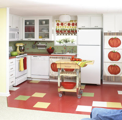Kitchen Tile Paint on Tile Backsplash  Multicolor Vinyl Floor Tiles  And A Tomato Red