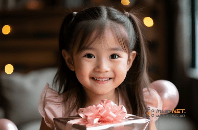 Asian little girl holding a wrapped present in the living room