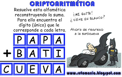 Alfamética, Criptoaritmética, Criptosuma, Juego de Letras, Papa Francisco, retos matemáticos, problemas matemáticos, problemas de lógica