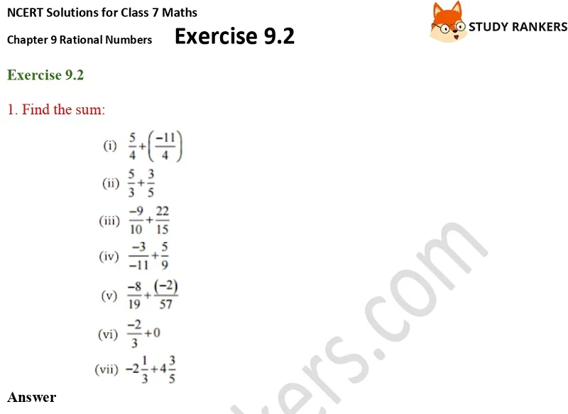 NCERT Solutions for Class 7 Maths Ch 9 Rational Numbers Exercise 9.2 1
