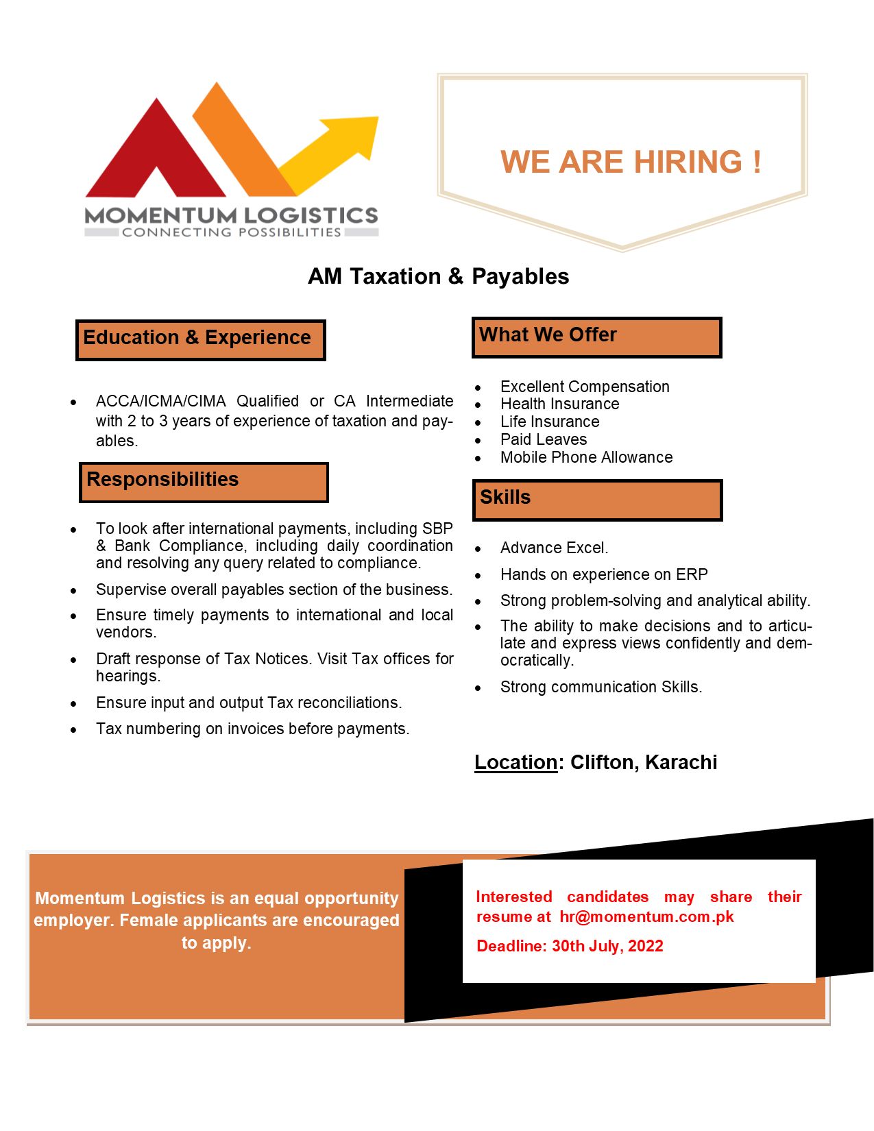 Momentum Logistics Pvt Ltd Jobs for ASSISTANT MANAGER TAXATION / PAYABLES