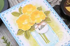 Sunny Studio Stamps: Everything's Rosy Frilly Frames Lattice Vintage Jar Hello Card by Juliana Michaels
