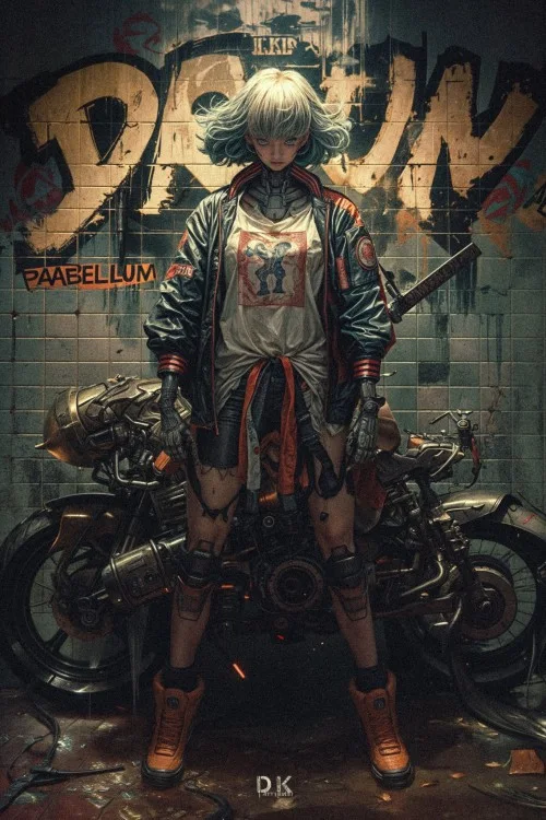 Mercenary Garage Custom Motorcycle Workshop Cyberpunk Nude Tattoo Biker Girl Bosozoku Sukaban Illustration Art