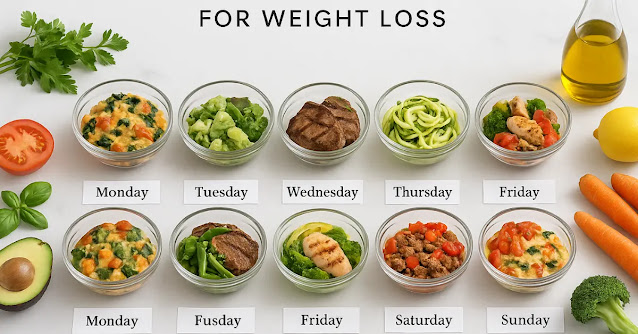 Healthy weekly weight loss meal plan with veggies and lean protein.