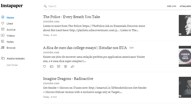 Página inicial do Instapaper