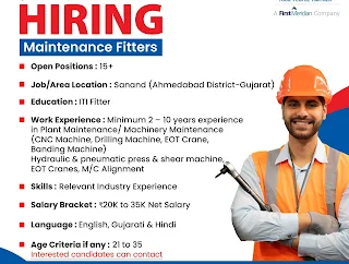 ITI Fitter, and ITI Electrician Jobs Vacancies in largest Manufacturing Company Maintenance Department Ahmedabad, Gujarat Location