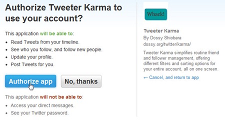 Halaman authorize Tweter Karma