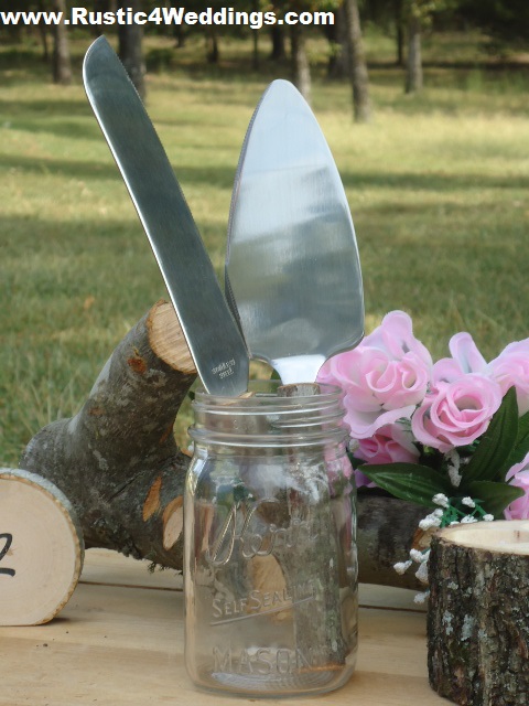  Rustic  Wedding  Cake  Server  And Knife  Set  With Wood Handles