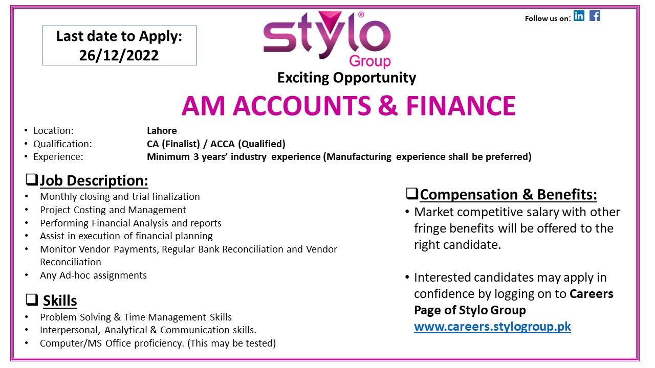 Stylo Pvt Ltd Jobs Announced For AM Accounts & Finance