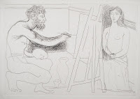 A sketch of a nude man painting a seated nude woman from life.