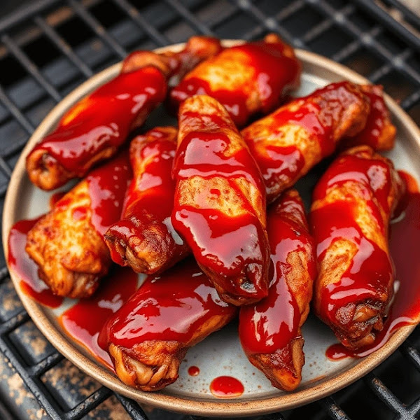 BBQ Chicken Wings with Grill Marks A plate of BBQ chicken wings covered in red barbecue sauce with grill marks and garnished with herbs.