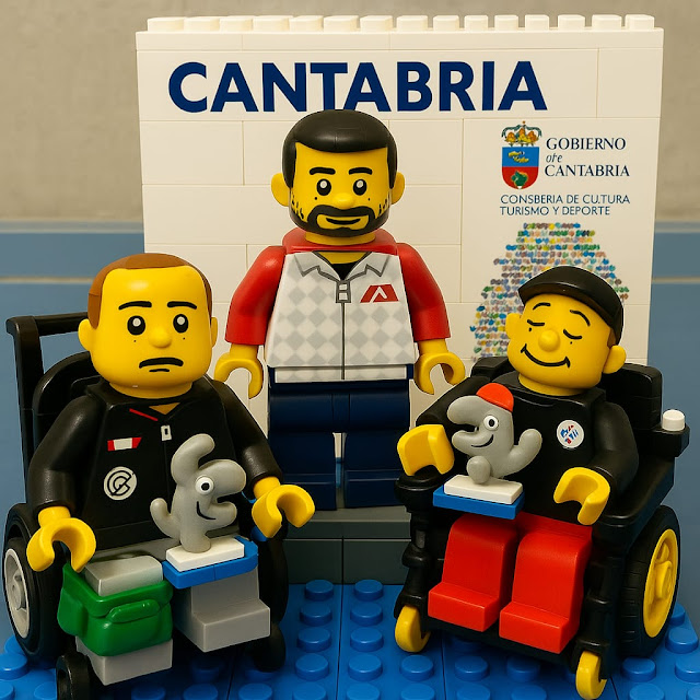 El entrenador y dos jugadores de boccia con unos trofeos - imagen creada con IA, como si fueran figuras de Lego