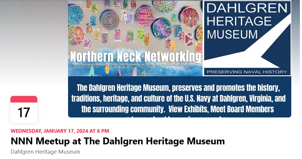 NNN Meetup at The Dahlgren Heritage Museum and logos of museum and Northern Neck Networking