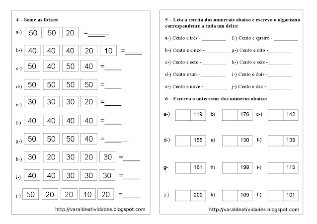 lista de exercícios para somar dezenas até 200, leitura e escrita de numerais, antecessor dos numerais
