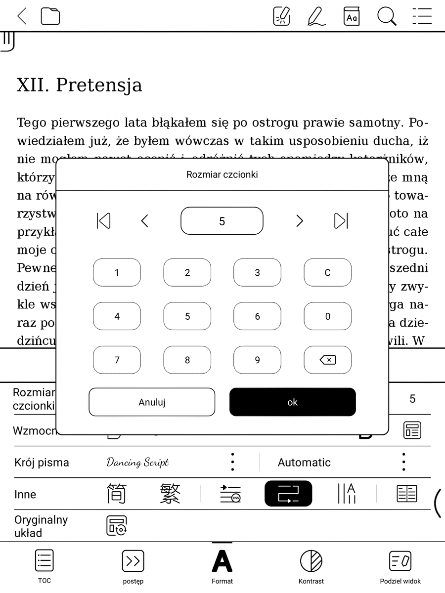 Onyx Boox Nova Air – wprowadzanie rozmiaru czcionki z klawiatury numerycznej