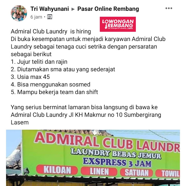 Lowongan Kerja Pegawai Admiral Club Laundry Lasem Rembang