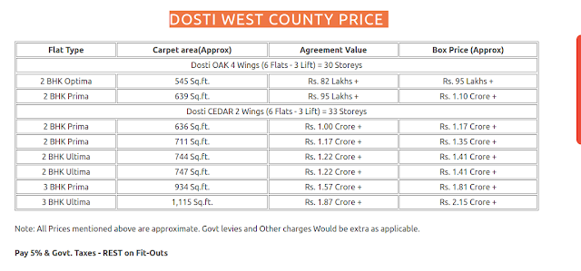 Dosti West County Price List