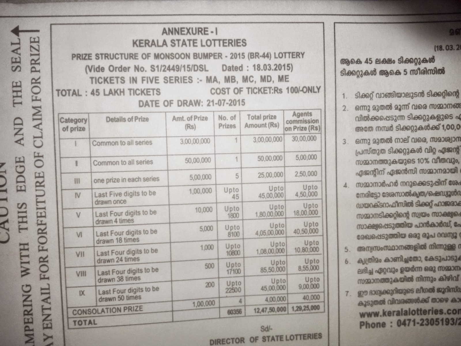 Monsoon Bumper 2015 draw date 21-07-2015 ~ LIVE; Kerala 