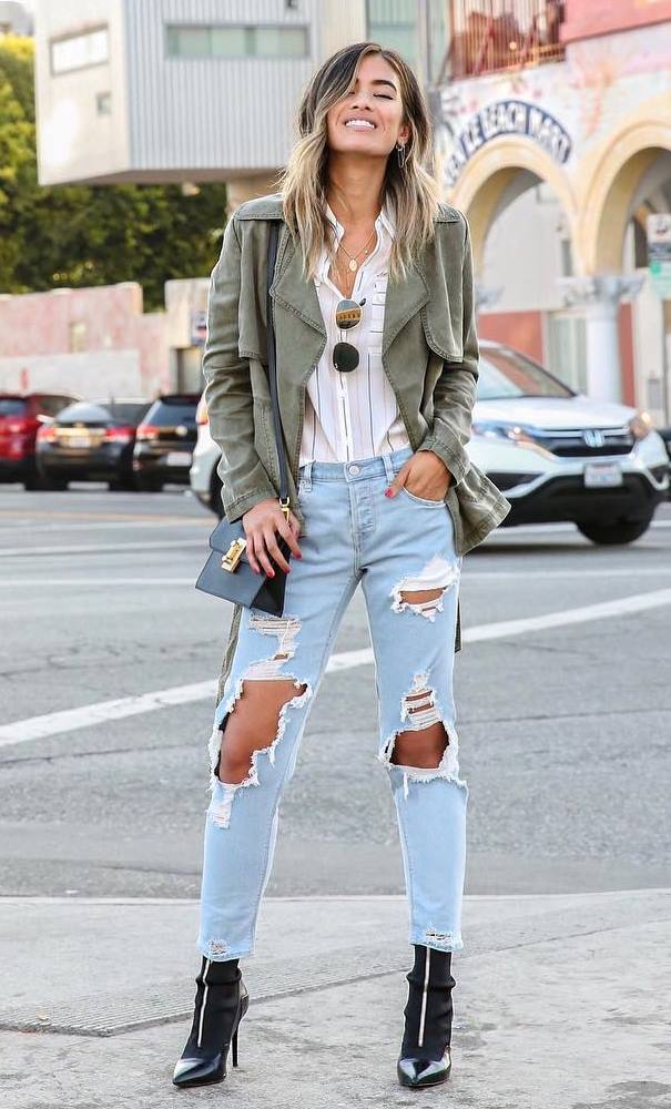 trendy outfit idea for this fall : rips + black boots + white shirt + khaki jacket + bag