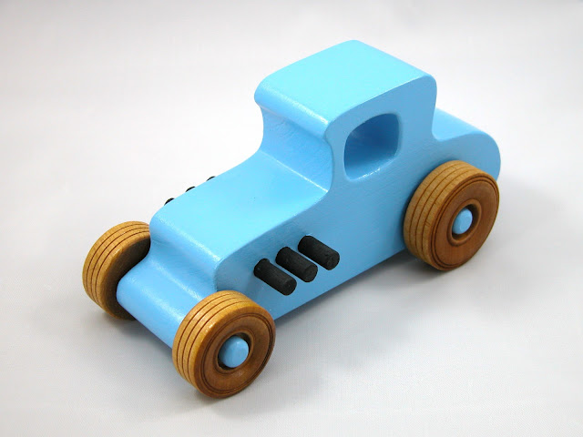 Wood Toy Car Hot Rod '27 T-Coupe, Handmade and Finished with Baby Blue and Black Acrylic Paint and Amber Shellac, Race Car, Street Rod