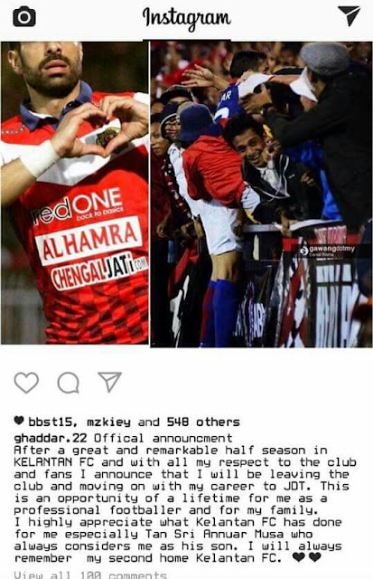 Ghaddar Sah Tinggalkan TRW, Rasmi Ke JDT Perpindahan Musim Kedua!