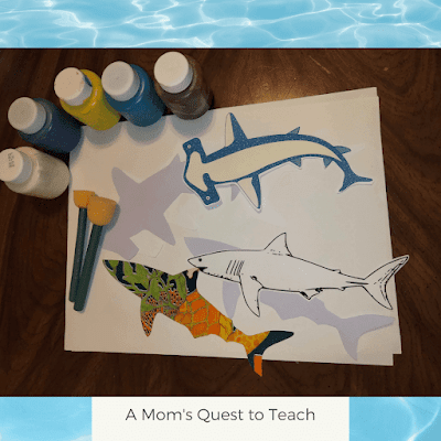 paint, sponge paintbrushes, shark clipart, white paper