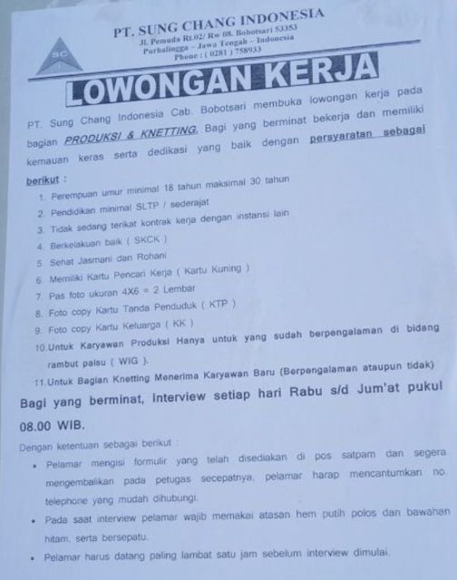 Lowongan Kerja PT Sung Chang Indonesia Cab Bobotsari Purbalingga