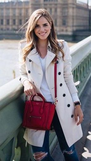 how to wear a red bag : nude coat + rips + top