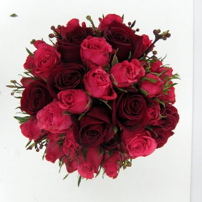 Red roses and baby roses wedding bouquet at 1019 PM