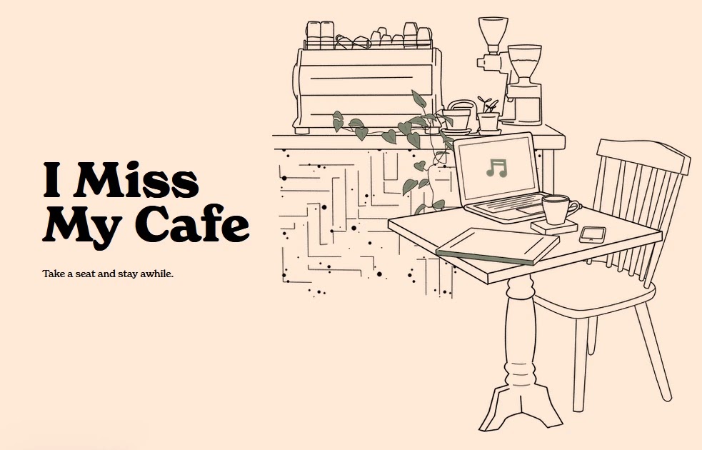 Captura de tela do site I Miss my Cafe, com uma ilustração monocromática em tons sépia de uma mesa e uma cadeira, ambas de madeira. Sobre a mesa, há um notebook, um caderno fechado, um celular e uma caneca. No fundo, há um galpão com algumas louças e plantas.