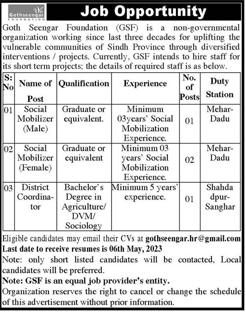 Goth Seengar Foundation GSF latest Private NGO jobs 2023