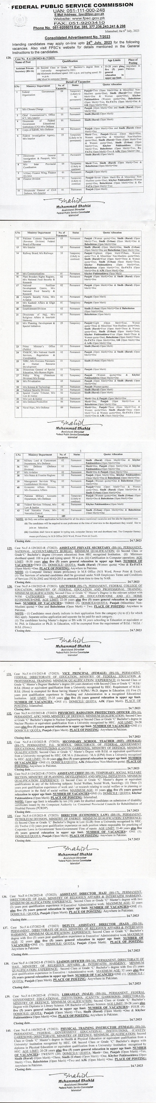 Federal Public Service Commission FPSC Jobs consolidate Advertisement 7/2023