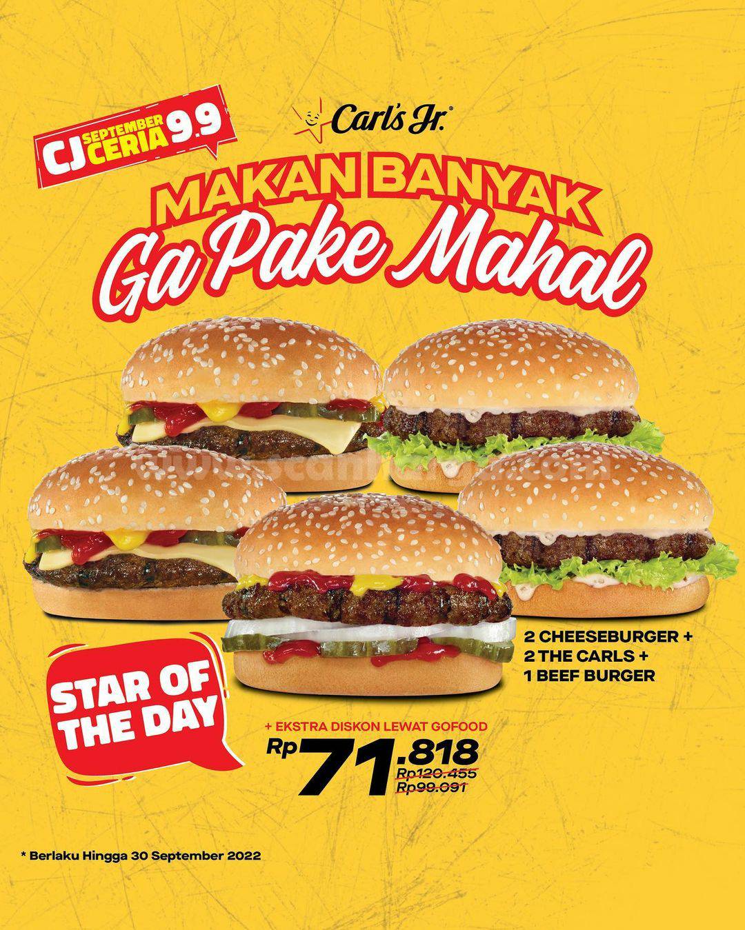Promo CARLS Jr Menu STAR OF THE DAY – Paket 5 Burger cuma Rp. 71.818