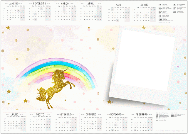 Calendario 2017 para imprimir gratis de Fiesta de Unicornios.