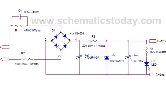 Circuit Schematic 220 VAC to 12 VDC, 100mA Transformerless ...