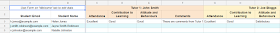 Image of student feedback sheet with one row of data complete