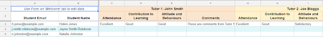 Image of student feedback sheet with one row of data complete