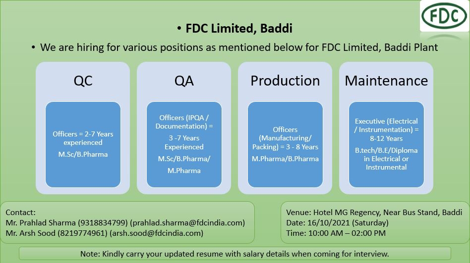 Job Availables,FDC Limited Job Vacancy For M.Sc/B.Pharma/M.Pharma/B.tech/B.E/Diploma in Electrical orInstrumenta