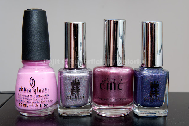 China Glaze - Dance Baby, A-England - Princess Tears, Chic - Pinkish Metalix, A-England - Lady Of The Lake