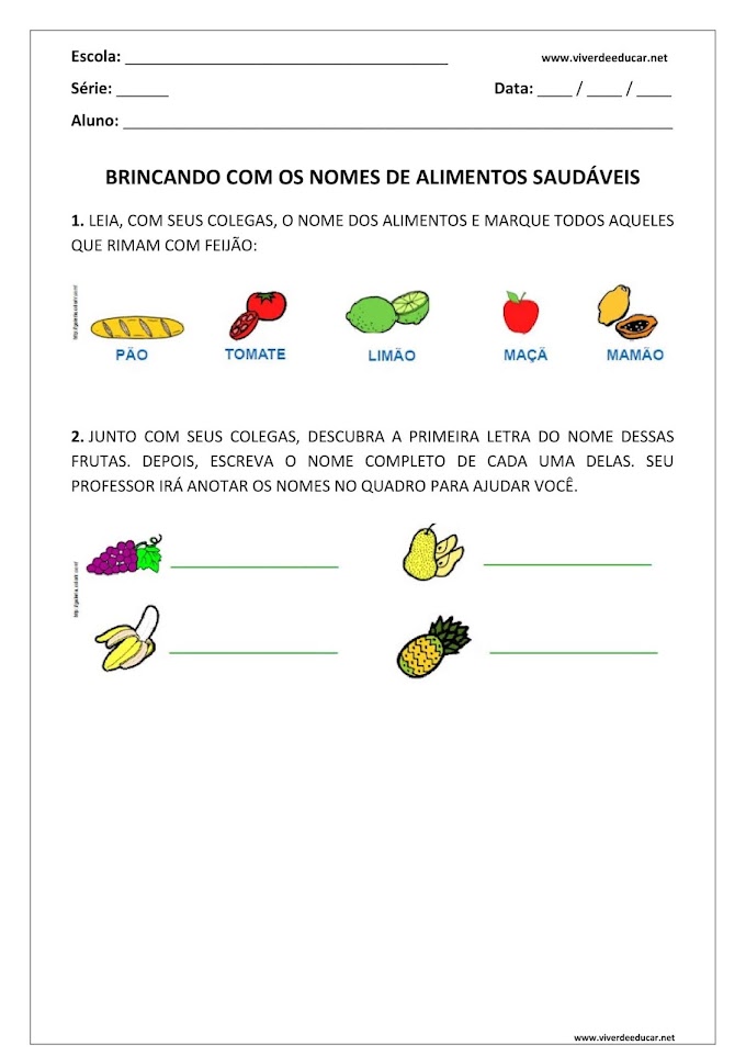 Atividade de Português: Alimentos Saudáveis - 1º Ano do Fundamental