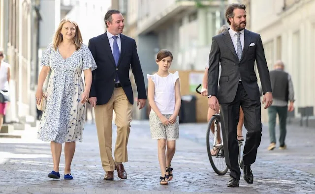 Crown Princess Stephanie wore a blue and white floral maternity and nursing dress by Seraphine. Prince Felix and Princess Amalia