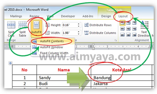  Gambar: Cara membuat Autofit contents pada tabel microsoft word  2010