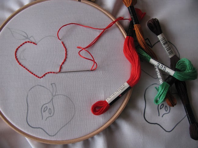 apple embroidery in progress