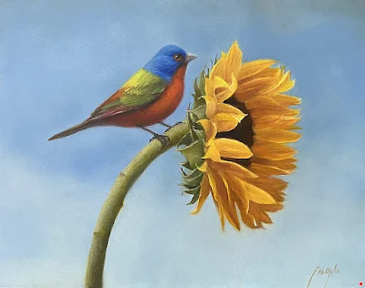 Sunflower with Bunting Bird painting Patt Baldino