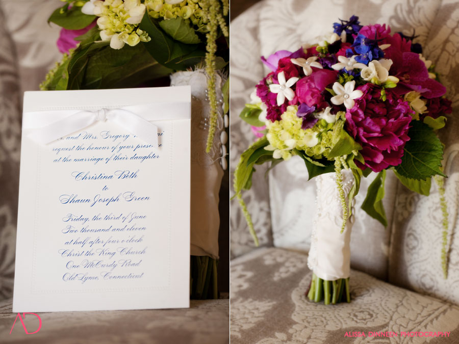 the bridal bouquet was a bold mix of colors magentas blues and white with 