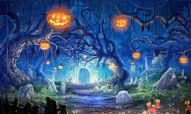 Graveyard Halloween Forest Pumpkin x3