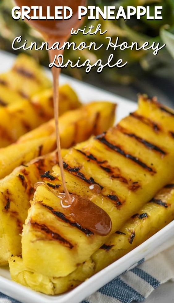 This Grilled Pineapple with Cinnamon Honey Drizzle is a perfect side dish or light dessert! The extra flavor added with the grilling combined with the amazing sauce makes this the most delicious tasty recipe.