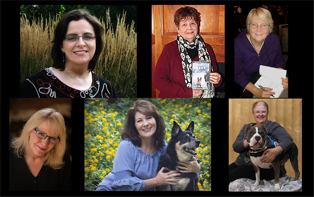 The authors featured in this post are Jen J. Dana, Kylie Logan, Margaret Mizushima, Jodi Burnett, Diane Kelly with dog Junior, and Ann Vanderlaan with dog R. Kane.