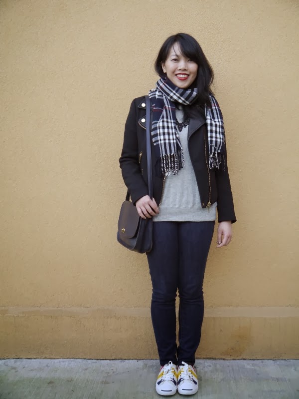 Casual look with moto jacket, jeans, plaid scarf, and sneakers